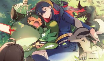 Rule 34 | 2girls, absurdres, ahoge, black hair, blue jacket, carmine (pokemon), closed eyes, colored inner hair, commentary, crossed bangs, dated, eyelashes, fangs, gen 3 pokemon, hair between eyes, hairband, highres, jacket, juliana (pokemon), long hair, long sleeves, mask, mightyena, mole, mole under eye, multicolored hair, multiple girls, nintendo, no-kan, ogerpon, ogerpon (teal mask), open mouth, outdoors, pokemon, pokemon (creature), pokemon sv, red hair, signature, sleeping, teeth, two-tone hair, untranslatable commentary, yellow hairband