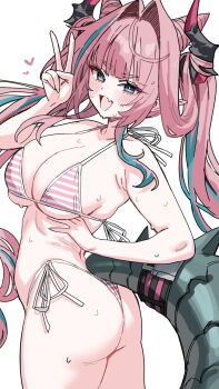 1girl arched_back arknights arknights:_endfield armpit_crease armpits ass back-tie_bikini bare_shoulders bikini black_horns blue_eyes blush breasts cleavage collarbone commentary curvy dragon_girl dragon_horns dragon_tail from_behind gluteal_fold hair_intakes hair_on_horn heart highres horns huge_ass large_breasts long_hair looking_at_viewer looking_back mochirong multicolored_bikini multicolored_hair multicolored_horns narrow_waist navel open_mouth pink_hair pink_horns pointy_ears revealing_clothes side-tie_bikini_bottom sideboob simple_background smile solo standing striped_bikini striped_clothes sweat swimsuit tail thighs twisted_torso two-tone_horns untranslatable_commentary v white_background yvonne_(arknights)