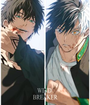 absurdres black_hair black_jacket blood blood_from_mouth blue_eyes blurry character_request copyright_name depth_of_field green_eyes hair_between_eyes hand_tattoo heterochromia highres jacket male_focus multicolored_hair open_clothes open_jacket open_mouth orange_eyes sakura_haruka_(wind_breaker) shirt short_hair smile split-color_hair split_screen tattoo teeth two-tone_hair upper_body white_hair white_shirt wind_breaker_(nii_satoru) yamato_endo yoon_(dmsco1803)