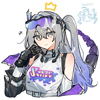 2girls bare_shoulders commentary emne english_commentary eyewear_on_head firefly_(honkai:_star_rail) gauntlets gradient_hair grey_eyes grey_hair highres honkai:_star_rail honkai_(series) jacket long_hair mechanical_tail multicolored_hair multiple_girls off_shoulder ponytail silver_wolf_(elation)_(honkai:_star_rail) silver_wolf_(honkai:_star_rail) single_gauntlet single_mechanical_glove solo_focus tail very_long_hair