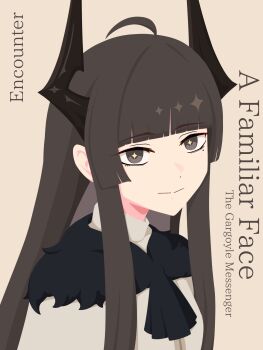 1girl absurdres ahoge arknights black_eyes black_hair black_horns blunt_bangs bright_pupils cloak commentary dot_nose english_commentary english_text grey_background gribberoni highres horns long_hair looking_at_viewer mole mole_under_eye portrait simple_background smile solo split_mouth turtleneck virtuosa_(arknights) virtuosa_(gargoyle)_(arknights) white_cloak yellow_pupils