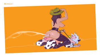 1boy 1girl adjusting_clothes adjusting_headwear anal_squirting androgynous animal_print anus artist_name asphyxiation bell black_footwear black_garter_belt black_horns black_nails black_thighhighs breasts cow_boy cow_horns cow_print cow_print_gloves cow_print_thighhighs cowbell cowboy_hat cowgirl_(western) cowgirl_position cum cum_in_ass cum_spray drooling ejaculation erection from_behind full_body garter_belt gloves green_hat hat hetero high_heels highres holding_lasso horns large_breasts lasso long_hair nipples noose on_grass orange_background original print_gloves print_thighhighs saliva saliva_trail sex short_hair straddling tailbox teeth thighhighs upper_teeth_only white_hair