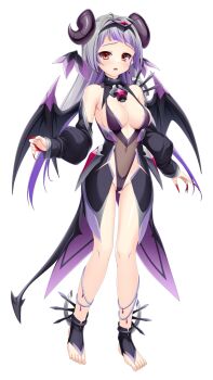 1girl barefoot black_horns black_leotard black_sleeves black_wings breasts cleavage corruption covered_navel dark_exs-tia_abyssus dark_persona demon_girl demon_horns demon_tail demon_wings detached_sleeves earrings fingernails floating_hair full_body game_cg gluteal_fold gradient_hair grey_hair hairband head_wings highleg highleg_leotard horns jewelry kamitsurugi_ouka kouyoku_senki_exs-tia_concert kunijima_chiaki large_breasts large_variant_set leotard long_hair long_sleeves looking_at_viewer multicolored_hair nail_polish non-web_source official_art open_mouth purple_hair red_eyes red_nails sharp_fingernails shiny_skin sideboob solo standing tachi-e tail toeless_legwear transparent_background two-tone_hair variant_set very_long_hair wings