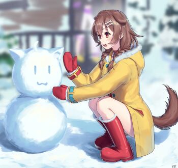 2girls :d absurdres adapted_costume animal_collar animal_ears artist_name belt_collar blurry blurry_background blush bone_hair_ornament boots braid braided_twintails brown_eyes brown_hair brown_tail character_snowman coat collar commentary dated depth_of_field dog_ears dog_girl dog_tail double-parted_bangs extra_ears from_side full_body fur-trimmed_boots fur-trimmed_coat fur_trim hair_between_eyes hair_ornament hairclip highres hololive hood hood_down hooded_coat inugami_korone inugami_korone_(1st_costume) long_hair looking_at_object low_twin_braids low_twintails mittens multiple_girls nekomata_okayu open_mouth outdoors parallel_hairclips paw_pendant red_boots red_collar red_mittens signature smile snow snow_boots snowman solo_focus squatting tail traveler_(artbbt) twin_braids twintails virtual_youtuber yellow_coat