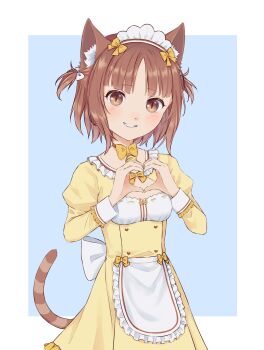 Rule 34 | absurdres, animal ear fluff, animal ears, azuki (nekopara), bell, blush, bow, bowtie, brown eyes, brown hair, cat ears, cat girl, cat tail, heart, heart hands, highres, maid, maid headdress, neck bell, nekopara, nirunirin, simple background, smile, solo, tail, twintails