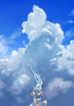 Rule 34 | 1girl, absurdres, arms behind back, blue sky, capelet, cloud, cloudy sky, commentary, earrings, elf, facing away, floating hair, frieren, from behind, gold trim, grey hair, highres, jacket, jewelry, jolseon, long hair, pointy ears, skirt, sky, solo, sousou no frieren, symbol-only commentary, twintails, upper body, white capelet, white jacket, white skirt, wind