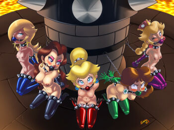 Rule 34 | 5girls, angry, arms behind back, ball gag, bdsm, blonde hair, blue eyes, blush, bondage, bound, breasts, brown hair, captured, castle, chain, chained, collar, gag, imminent rape, lava, leash, mario (series), multiple girls, navel, new super mario bros. u deluxe, nintendo, nipples, one eye closed, pauline (mario), peachette, princess, princess daisy, princess peach, rape dungeon, rosalina, shaxbert, shiny skin, signature, slave, super mario bros. 1, super mario galaxy, super mario land, super mario odyssey, take your pick, wink