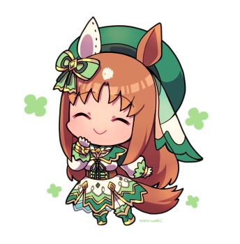 1girl animal_ears bow brown_hair chibi chibi_only closed_mouth corset gloves grass_wonder_(saintly_jade_cleric)_(umamusume) grass_wonder_(umamusume) green_bow green_headwear green_ribbon highres horse_ears horse_tail kotomaru_(kotokoto_kottan) long_hair long_sleeves no_nose puffy_sleeves ribbon signature smile solo tail umamusume very_long_hair white_gloves