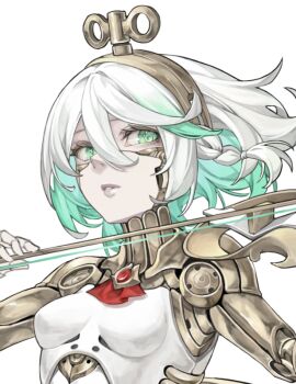 1girl aqua_hair bow_(music) breasts cecilia_immergreen gradient_hair green_eyes holding holding_bow_(music) holding_instrument holding_violin hololive hololive_english instrument multicolored_hair parted_lips raresauce robot_girl simple_background small_breasts solo violin virtual_youtuber white_background white_hair winding_key