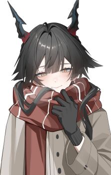 1girl absurdres alternate_costume arknights arknights:_endfield black_gloves black_hair blush breath brown_coat brown_eyes chen_qianyu_(arknights) closed_mouth coat commentary dragon_horns english_commentary gloves highres horns long_hair long_sleeves looking_at_viewer paszuto red_scarf scarf simple_background smile solo upper_body white_background