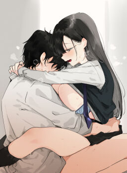 1boy 1girl arms_around_neck black_hair black_skirt black_socks black_sweater_vest blue_bra blush bra bra_pull breasts clothed_sex clothes_pull faceless faceless_male from_side grey_eyes hetero large_breasts long_hair long_sleeves necktie nonoyama open_mouth original profile sex shirt simple_background skirt socks sweat sweater_vest underwear undone_necktie