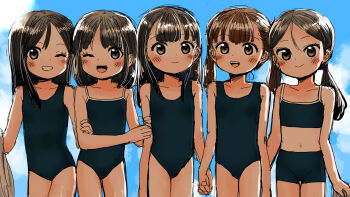 5girls bike_shorts bikini bikini_shorts blue_bike_shorts blue_bikini blue_one-piece_swimsuit blue_school_swimsuit blush brown_eyes brown_hair cloud collarbone fang flat_chest grabbing_another&#039;s_arm grin holding_hands lemon_production loli long_hair looking_at_viewer low_ponytail multiple_girls navel one-piece_swimsuit one_eye_closed open_mouth original ponytail rock school_swimsuit short_hair shorts sky smile standing sun swimsuit teeth twintails wink