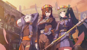 1boy 2girls absurdres adapted_costume animal_ears arms_up black_hair black_jacket black_pants black_shirt blue_jacket bouquet breasts cat_boy cat_ears checkered_necktie commentary english_commentary falling_petals flower gloves green_eyes green_hair grey_hair hat head_wreath highres holding holding_bouquet holding_staff holding_unworn_clothes holding_unworn_hat jacket large_breasts long_hair multiple_girls necktie orange_sky pants petals police police_uniform policeman policewoman qingyi_(zenless_zone_zero) red_hair roro_(tpghksdlzpq) seth_lowell shirt sky staff twintails unworn_hat unworn_headwear white_gloves zenless_zone_zero zhu_yuan