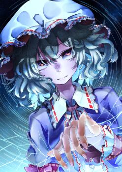 1girl absurdres alternate_eye_color armband blonde_hair breasts buttons closed_mouth collared_dress contrast_collar dress dress_ribbon dress_shirt frilled_shirt_collar frills gap_(touhou) hair_between_eyes hat highres long_sleeves looking_at_viewer maribel_hearn mob_cap muraryo nail_polish night night_sky puffy_long_sleeves puffy_sleeves purple_dress red_armband red_eyes red_ribbon ribbon ripples shirt short_hair sky solo star_(sky) starry_sky touhou white_hat