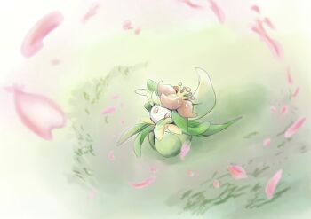 commentary_request day falling_petals flower from_above full_body gen_5_pokemon grass highres lilligant looking_up nintendo orange_eyes outdoors petals pokemon pokemon_(creature) pokemon_focus yusuke_oshida