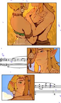 1boy 1girl armlet artist_name bare_shoulders blonde_hair blue_eyes blush choker circlet couple crossed_arms dress earrings facial_scar green_eyes hands_on_another&#039;s_chest hetero jewelry link long_hair looking_at_another musical_staff nintendo parted_lips pointy_ears princess_zelda pyonteo scar scar_on_arm scar_on_cheek scar_on_face scar_on_hand short_hair strapless strapless_dress the_legend_of_zelda the_legend_of_zelda:_breath_of_the_wild the_legend_of_zelda:_tears_of_the_kingdom topless_male upper_body white_dress