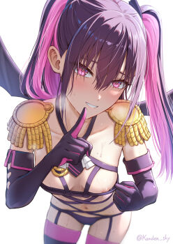 1girl 2.5_jigen_no_ririsa alternate_costume areola_slip artist_name breasts commentary_request cosplay cowboy_shot elbow_gloves epaulettes fold-over_gloves gloves grin highres index_finger_raised kanden_sky leaning_forward looking_at_viewer miriella_(2.5_jigen_no_ririsa) miriella_(2.5_jigen_no_ririsa)_(cosplay) multicolored_hair navel paid_reward_available panties pink_eyes pink_hair purple_eyes purple_garter_straps purple_panties purple_thighhighs simple_background small_breasts smile solo tachibana_mikari thighhighs two-tone_hair two_side_up underwear white_background