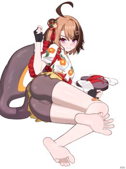 1girl :3 absurdres ahoge ass barefoot bike_shorts bike_shorts_under_skirt black_gloves black_shorts brown_hair cameltoe commentary commission english_commentary feet fingerless_gloves floral_print floral_print_kimono flower full_body gigi_murin gigi_murin_(new_year) gloves hair_bun hair_flower hair_ornament hairclip hakama hakama_short_skirt hakama_skirt hand_up highres hololive hololive_english japanese_clothes kimono looking_at_viewer lying multicolored_hair nail_polish official_alternate_costume official_alternate_hairstyle on_side one_side_up orange_nails pink_eyes print_kimono sandals short_hair short_kimono shorts side_up_bun simple_background skirt socks soles solo tassel tassel_hair_ornament toes two-tone_hair unworn_sandals unworn_socks virtual_youtuber white_background white_kimono x_xith_x yellow_hakama