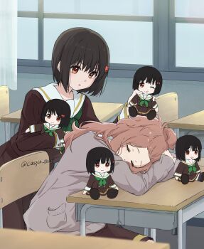 2girls absurdres black_hair bow brown_hair brown_shirt brown_skirt cardigan casyu_nut chair character_doll classroom closed_eyes closed_mouth desk doll green_neckerchief grey_cardigan hair_bow hibike!_euphonium highres hisaishi_kanade holding holding_doll indoors kenzaki_ririka kitauji_high_school_uniform long_hair long_sleeves multiple_girls neckerchief one_eye_closed open_mouth parted_lips pleated_skirt red_bow red_eyes sailor_collar school_chair school_desk school_uniform serafuku shirt short_hair sitting skirt sleeping sleeping_on_desk stuffed_toy twitter_username white_sailor_collar window