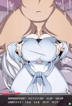 1girl absurdres anilingus breasts captain_kirb cleavage clothed_female_nude_male dress grabbing_own_breast highres nude on_bed paizuri reverse_paizuri rwby weiss_schnee white_hair