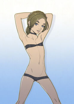 1girl aged_down armpits arms_behind_head arms_up bikini black_bikini blue_background blue_eyes brown_hair capcom claire_redfield collarbone druidon eyelashes feet_out_of_frame female_focus gradient_background grin legs_apart lips loli long_hair looking_at_viewer low_ponytail micro_bikini naughty_face parted_lips ponytail resident_evil resident_evil_2 simple_background smile solo standing swimsuit teeth two-tone_background variant_set white_background