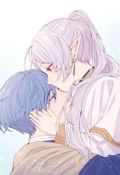 1boy 1girl blue_eyes blue_hair blue_jacket cape capelet couple earrings frieren gold_trim green_eyes grey_cape grey_hair hair_between_eyes hand_on_another&#039;s_cheek hand_on_another&#039;s_face hetero highres himmel_(sousou_no_frieren) jacket jewelry kiss kissing_forehead light_blush long_hair parted_bangs pointy_ears ponytail sarasa_kouhaku short_eyebrows short_hair sousou_no_frieren thick_eyebrows upper_body white_background white_capelet