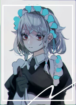 1girl black_dress black_gloves black_necktie braid closed_mouth commentary_request dress ear_piercing expressionless gloves grey_background hair_between_eyes highres holding holding_knife izayoi_sakuya knife long_sleeves looking_at_viewer maid maid_headdress necktie piercing red_eyes shi_chimi solo touhou twin_braids upper_body white_hair