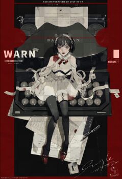 Rule 34 | 1girl, absurdres, animal ears, artist name, asymmetrical legwear, baichuan baichuan, bare shoulders, black hair, blood, blood on neck, breasts, cleavage, dated, doll joints, dress, full body, garter straps, grey eyes, headdress, highres, image sample, joints, lips, looking at viewer, mihuashi sample, mini person, minigirl, mismatched legwear, original, paper, parted lips, red lips, red shoes, sample watermark, shoes, short hair, sidelocks, sitting, solo, thighhighs, typewriter, watermark, white dress, white headdress, wispy bangs