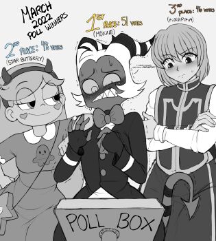 1girl 2boys absurdres blackwhiplash blonde_hair blush crossover demon demon_horns demon_tail embarrassed english_text greyscale hellaverse helluva_boss highres horns hunter_x_hunter kurapika looking_at_another monochrome moxxie_(helluva_boss) multiple_boys poll_winner smile star_butterfly star_vs_the_forces_of_evil tail white_hair