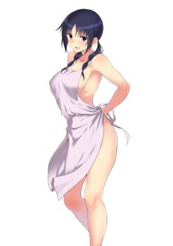 1girl absurdres apron black_hair blush commentary_request female_focus highres long_hair looking_at_viewer momihige naked_apron open_mouth seitokai_yakuindomo simple_background smile solo standing uomi white_apron white_background