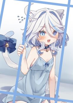 1girl animal_ears bell blue_chemise blue_eyes blue_hair bow breasts cat_ears cat_girl cat_tail chemise collar fangs flying_sweatdrops furina_(genshin_impact) genshin_impact highres holding_bars kemonomimi_mode looking_at_viewer medium_hair neck_bell nervous_smile nervous_sweating on_floor simple_background sitting small_breasts smile sweat tail tail_bell tail_bow tail_ornament wavy_hair white_hair yoshino_mugiko
