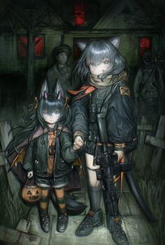 2girls 3boys absurdres animal_ears assault_rifle black_hair black_jacket black_shoes black_socks blood_on_cheek blue_eyes brown_scarf camera_flash cat_ears cat_girl cat_tail commentary_request demon_horns demon_wings drawer_bushi_huajia expressionless food-themed_hair_ornament green_eyes grey_hair gun hair_ornament hair_ribbon halloween highres holding holding_pumpkin horns jacket long_hair looking_at_viewer medium_hair military multiple_boys multiple_girls night orange_hair_ornament orange_shirt original pantyhose police police_uniform policeman pumpkin red_ribbon ribbon rifle scarf shirt shoes socks standing striped_clothes striped_pantyhose tail weapon wings wolf_ears wolf_girl wolf_tail