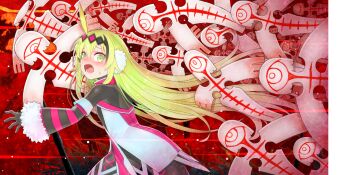 1girl bodysuit boots breasts collared_shirt detached_sleeves earmuffs eyelashes fur-trimmed_sleeves fur_trim gloves green_eyes green_hair hairband highres inti_creates jewelry karma_(majogami) long_hair majogami natsume_yuji non-web_source official_art pendant petite running shirt skirt small_breasts striped_sleeves