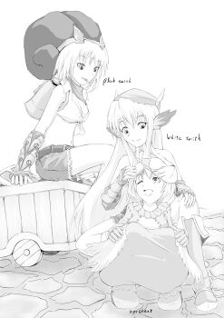 3girls absurdres backpack bag bandana blacksmith_(ragnarok_online) boots breasts character_name cigarette cleavage closed_mouth crop_top fake_horns feathered_wings fingerless_gloves fox_mask full_body gloves greyscale head_wings headpat highres horns large_breasts long_hair looking_at_another maimu-noize mask mask_on_head medium_breasts merchant_(ragnarok_online) midriff monochrome multiple_girls open_mouth pullcart ragnarok_online shirt shoes shorts sitting skirt sleeveless sleeveless_shirt smile tied_shirt whitesmith_(ragnarok_online) wings