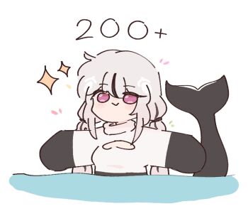 1girl :> artist_self-insert black_hair blush_stickers cetacean_tail chonkyorca cleavage_cutout closed_mouth clothing_cutout commentary english_commentary fins fish_tail grey_hair heart_cutout highres long_hair long_sleeves low_twintails milestone_celebration multicolored_hair notice_lines orca_(chonkyorca) original outstretched_arms partially_submerged puffy_long_sleeves puffy_sleeves purple_eyes shirt simple_background sleeves_past_fingers sleeves_past_wrists solo sparkle spread_arms streaked_hair tail twintails upper_body very_long_hair water white_background white_shirt