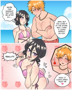 1boy 1girl absurdres artist_name ass bikini bleach blue_sky blush breasts brown_eyes cloud cloudy_sky couple crossed_arms dangerousbride double_bun english_text from_above grey_eyes hair_between_eyes hair_bun hands_on_own_chest hetero highres jewelry kuchiki_rukia kurosaki_ichigo male_swimwear medium_breasts necklace nervous_smile nervous_sweating ocean open_mouth pectorals pink_bikini puckered_lips red_male_swimwear shell shell_necklace short_hair sky smile spiked_hair sweat swimsuit thermometer topless_male