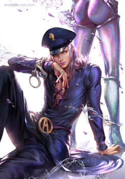 1boy 1other arm_support ass black_shirt bubble cuffs fingernails handcuffs hat highres jojo_no_kimyou_na_bouken kdash knee_up leone_abbacchio lipstick long_hair makeup male_focus moody_blues_(stand) orange_eyes peaked_cap police_hat purple_hair purple_lips shirt sitting standing vento_aureo water_drop white_background