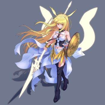 1girl blonde_hair boots breasts cleavage_cutout clothing_cutout fate/grand_order fate_(series) grey_background hair_wings highres holding holding_polearm holding_weapon long_hair medium_breasts navel navel_cutout okuribi polearm red_eyes shield spear thigh_boots thrud_(fate) valkyrie_(fate) weapon wings