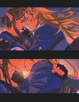 1boy 1girl arm_around_back black_border black_gloves blonde_hair blue_shirt blue_tunic border braid breasts commentary_request couple crown_braid earrings fingerless_gloves gloves hair_between_eyes hair_ornament hair_tie hairclip hand_on_another&#039;s_neck hetero highres imminent_kiss jewelry kiss link long_hair looking_at_another medium_breasts nintendo parted_lips pointy_ears ponytail princess_zelda shirt short_ponytail shuo_yue sidelocks sweat the_legend_of_zelda the_legend_of_zelda:_breath_of_the_wild tunic upper_body