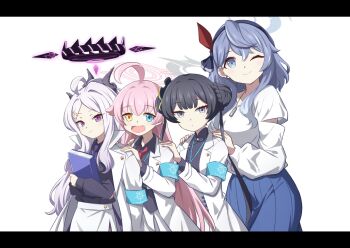 4girls ako_(blue_archive) alternate_costume armband blue_archive blue_eyes halo highres hina_(blue_archive) horns hoshino_(blue_archive) jacket kisaki_(blue_archive) multiple_girls one_eye_closed pink_hair simple_background twitter white_background white_hair white_jacket yukimi_unagi