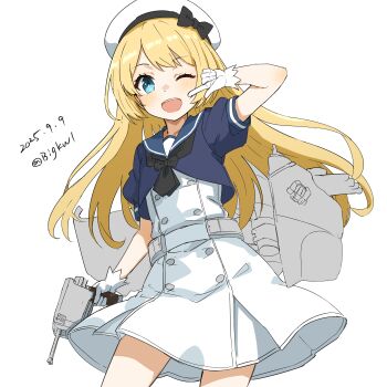 1girl absurdres adapted_turret bigkwl blonde_hair blue_eyes blue_sailor_collar blush cannon cowboy_shot dated dress gloves hat highres jervis_(kancolle) kantai_collection long_hair looking_at_viewer machinery one_eye_closed open_mouth rigging sailor_collar sailor_dress sailor_hat ship_turret short_sleeves smile smokestack solo torpedo torpedo_launcher torpedo_tubes twitter_username white_background white_dress white_gloves white_hat