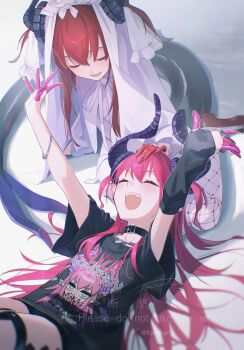 2girls black_shirt blush bracelet breasts choker closed_eyes curled_horns dragon_horns dragon_tail dress earrings elizabeth_bathory_(avenger)_(fate) elizabeth_bathory_(fate) elizabeth_bathory_(perfect)_(fate) elizabeth_bathory_(perfect)_(first_ascension)_(fate) fate/grand_order fate_(series) fishnet_pantyhose fishnets fomnant hair_ribbon highres horns jewelry long_hair long_sleeves multiple_girls off_shoulder open_mouth pantyhose pink_hair pointy_ears red_hair ribbon shirt short_sleeves small_breasts smile tail thigh_strap thighhighs two_side_up veil white_dress white_thighhighs