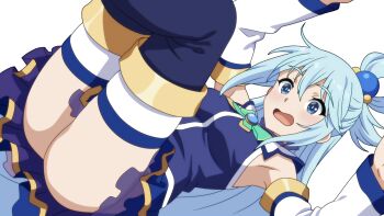 1girl 6kan aqua_(konosuba) ass blue_boots blue_eyes blue_gem blue_hair blue_shirt blush boots bow bowtie breasts commentary_request detached_sleeves gem green_bow green_bowtie hair_between_eyes hair_ornament hair_rings highres kono_subarashii_sekai_ni_shukufuku_wo! large_breasts long_hair open_mouth partial_commentary shirt simple_background skirt sleeveless sleeveless_shirt solo sphere_hair_ornament thighhighs white_background white_sleeves white_thighhighs