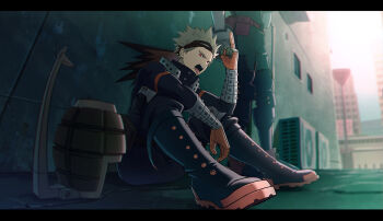 2boys alley arm_on_knee baggy_pants bakugou_katsuki bangs_pinned_back belt belt_pouch black_footwear black_mask black_pants blonde_hair bloom blurry blurry_background bodysuit boku_no_hero_academia building chromatic_aberration city clenched_hand colored_shoe_soles commentary condenser_unit eye_mask foreshortening freestyle18 gloves green_bodysuit hand_up head_out_of_frame head_tilt headgear high_collar highres industrial_pipe knee_pads knees_up leaning_forward letterboxed looking_at_viewer looking_to_the_side male_focus mask mask_on_head middle_finger midoriya_izuku multiple_boys open_mouth outdoors pants perspective pouch profile red_belt red_eyes sanpaku sidelighting sideways_glance sideways_mouth single_horizontal_stripe sitting spiked_hair standing untranslatable_commentary tongue tongue_out two-tone_gloves utility_belt v-shaped_eyebrows vanishing_point ventilator wall wrist_guards