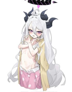 1girl ahoge black_halo blue_archive blush breasts commentary_request demon_girl demon_horns halo highres hina_(blue_archive) hina_(pajamas)_(blue_archive) horns ilyowal jacket long_hair looking_at_viewer navel pajamas pink_pajamas polka_dot polka_dot_pajamas purple_eyes simple_background small_breasts solo sweat very_long_hair white_background white_hair yellow_jacket