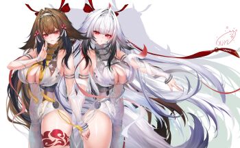 2girls armlet bare_shoulders blush breasts closed_mouth commentary_request cowboy_shot detached_sleeves hand_up highres jewelry large_breasts long_hair long_sleeves looking_at_viewer multiple_girls obiwan parted_lips red_eyes simple_background smile thighs weisuoxin white_background white_hair ye_shunguang zenless_zone_zero