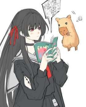 .osari 1girl arm_cutout black_choker black_hair black_shirt book capybara chisa_(wuthering_waves) choker closed_mouth clothing_cutout hair_ribbon highres holding holding_book holding_manga long_hair long_sleeves manga_(object) open_book red_eyes red_ribbon ribbon shirt simple_background smile solo tacet_mark_(wuthering_waves) white_background wuthering_waves