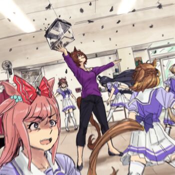 agnes_digital_(umamusume) agnes_tachyon_(casual)_(umamusume) agnes_tachyon_(umamusume) animal_ears bug dantsu_flame_(umamusume) fly hair_ornament highres horse_ears horse_girl horse_tail insect j_(jojoon02) jungle_pocket_(umamusume) manhattan_cafe_(umamusume) meme narita_top_road_(umamusume) open_mouth photo-referenced running scared school_uniform shoes spread_legs tail thighhighs tracen_school_uniform umamusume umbrella