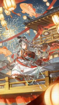 1girl absurdres aerial_fireworks alternate_color animal aqua_ribbon architecture bare_shoulders beads black_cloak black_hair bow-shaped_hair brown_eyes cat chinese_clothes chinese_hairpin cloak closed_mouth clothed_animal commentary cowboy_hat dress east_asian_architecture ema3 english_commentary eyelashes fireworks floating_clothes floating_hair hair_between_eyes hair_ornament hair_rings half_updo happy hat highres hood hood_up hooded_cloak infinity_nikki jewelry lantern light_particles looking_to_the_side loose_hair_strand making-of_available momo_(nikki) multicolored_hair necklace night nikki_(series) official_alternate_costume outdoors palace paper_lantern red_dress ribbon robe smile split-color_hair standing strapless strapless_dress straw_hat two-tone_hair where_wanxiang_weaves_life_(infinity_nikki) white_cat white_hair white_robe wind yellow_hat