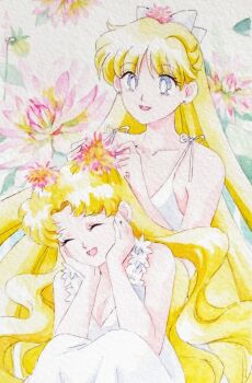 Rule 34 | 2girls, adult swim, aino minako, ash valery, bare shoulders, bishoujo senshi sailor moon, bishoujo senshi sailor moon r, bishoujo senshi sailor moon r: the movie, bishoujo senshi sailor moon s, bishoujo senshi sailor moon s the movie: kaguya-hime no koibito, bishoujo senshi sailor moon supers, bishoujo senshi sailor moon supers the movie: sailor 9 senshi shuuketsu! black dream hole no kiseki, blonde hair, blue eyes, bow, breasts, closed eyes, dress, earrings, flower, hair flower, hair ornament, hands on own face, highres, jewelry, long hair, multiple girls, sitting, sleeveless, smile, toei company, toonami, traditional media, tsukino usagi, twintails, very long hair, viz media, white bow